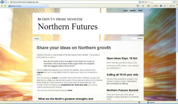 Screenshot of the CitizenSpace Northern Futures page with the Deputy Prime Minister's logo at the top and asking the research question: how do we build on the strengths in the North to create an economic core in the heart of the region that can compete with the biggest cities in the world?