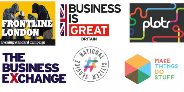 Logos of some of the work the Partnerships Team has helped broker with businesses, including the GREAT campaign, National Citizen Service, and Make Things Do Stuff