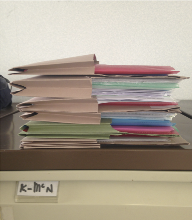 Example of ethnographically-informed research output from a Policy Lab/Department of Health/Department of Work and Pensions project about people in employment with health conditions: Photo taken by interviewee Kelly to highlight the amount of work required to manage health conditions at her place of work. 