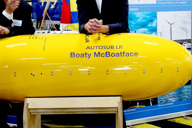 This is an image of the AutoSub LR Boaty McBoatface on display at the Technology Showcase onboard the RFA Lyme Bay for London International Shipping Week 2019.