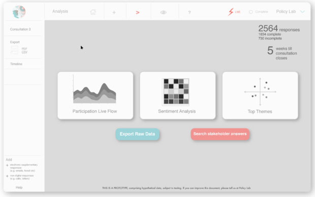 This is a screenshot of the prototype data science policy consultation dashboard.