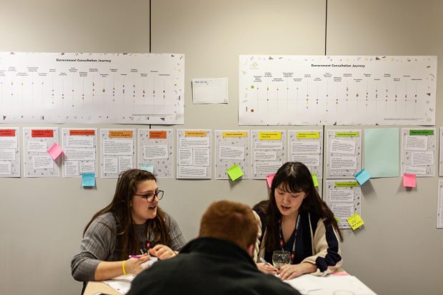 This is an photo of members of the Youth Steering Group reviewing a map of the government consultation process.