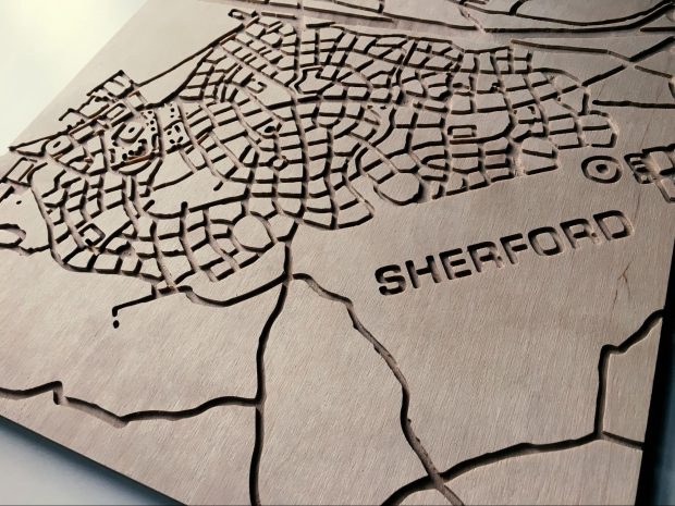 This is an image of a tactile plywood street map.