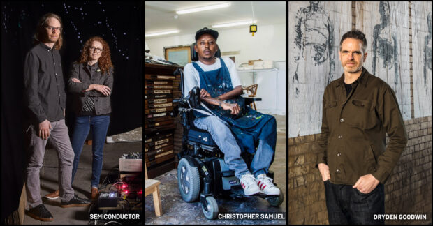 From left to right a photograph of the artistic duo Semiconductor standing by a circuitboard, Christopher Samuels sat in a motorised wheelchair in an art studio and Dryden Goodwin, standing in a road tunnel in front of sequence of posters showing his sketches