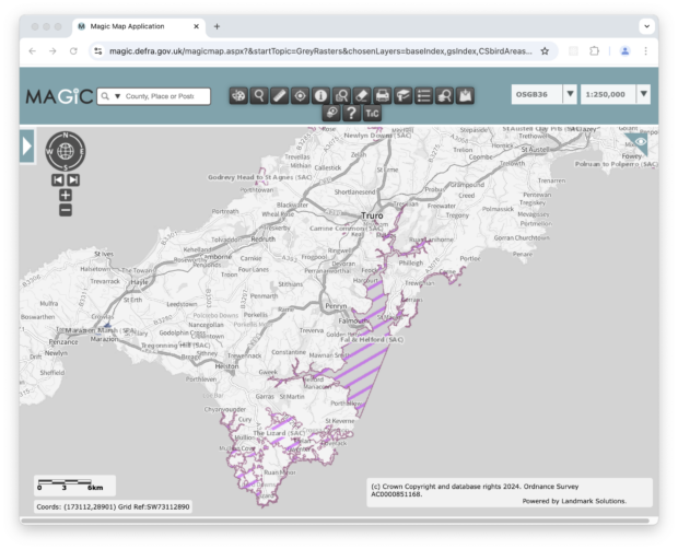 A map of Cornwall seen in a browser, with part of the cost colour in purple.