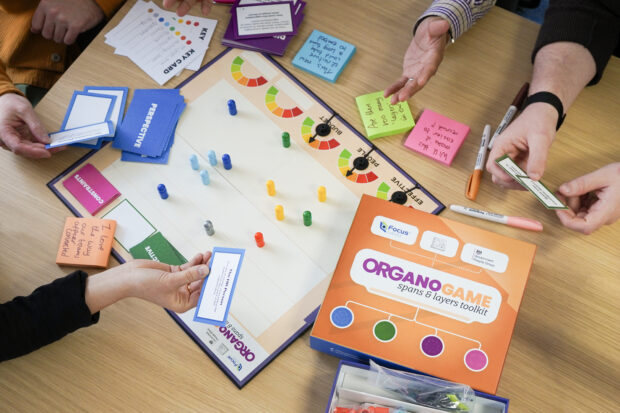 Organogame scenarios being discussed in a workshop setting